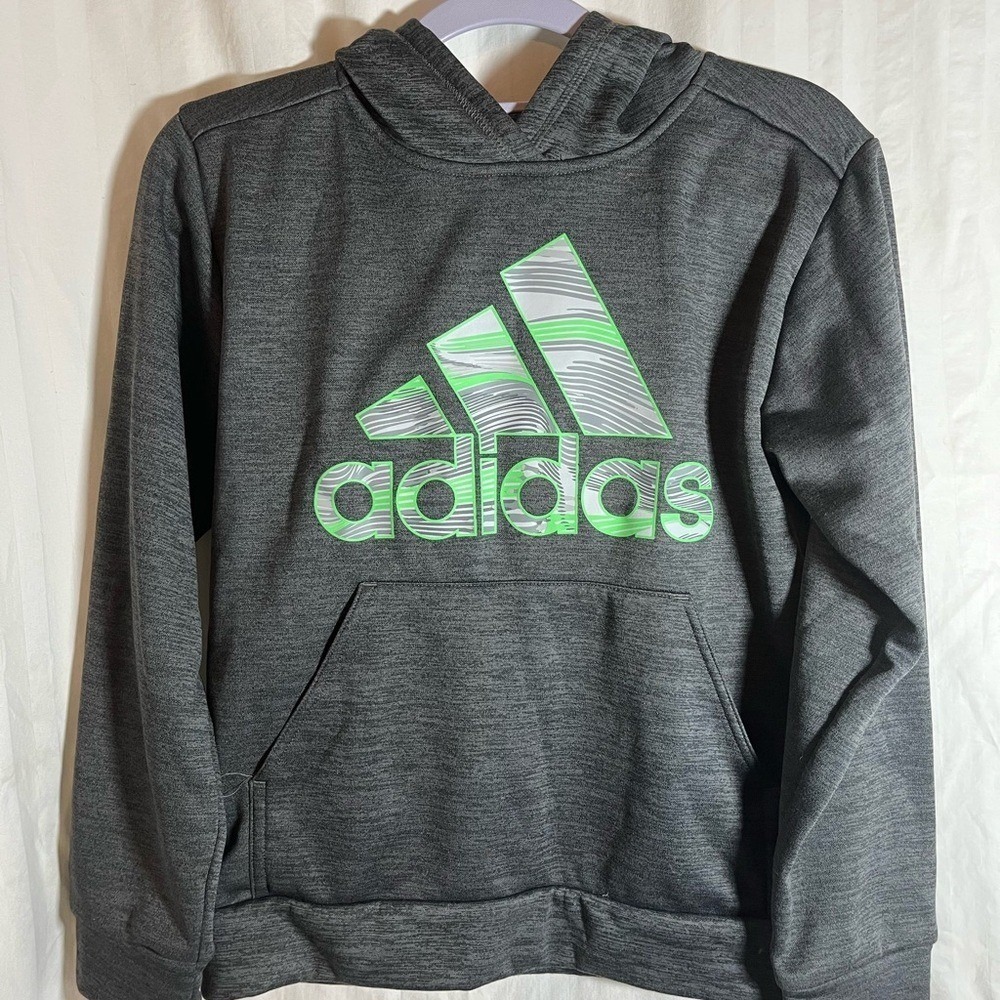 Adidas Kids Gray Heather Neon Green Logo Fleece Hoodie Sweatshirt Size M 10/12
